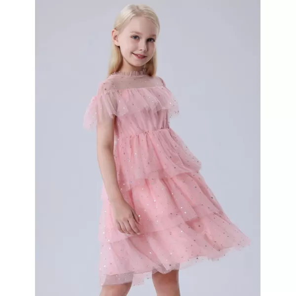 Mebius Girls Mesh Puff Sleeve Sweetheart Neck High Waist Flowy A Line Dress Party Special Occasion 612YPink