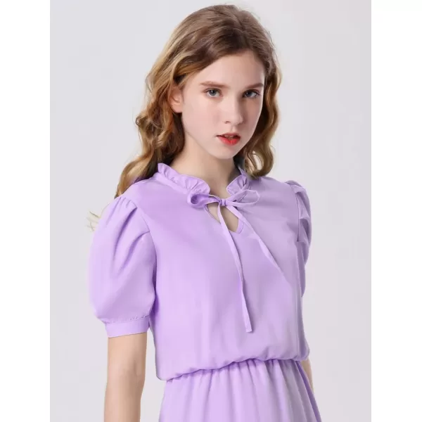 Mebius Girls Puff Short Sleeve Tie Front V Neck Elastic Waist Boho ALine Dress Tiered Dresses for Casual School Preppy 612YPurple