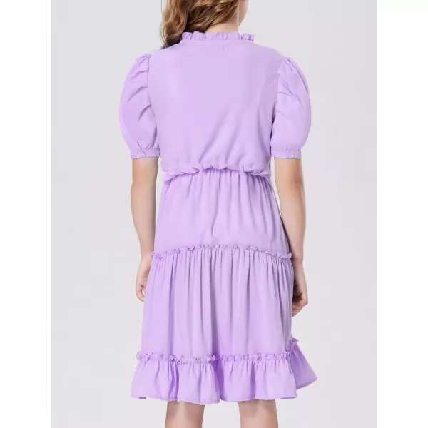 Mebius Girls Puff Short Sleeve Tie Front V Neck Elastic Waist Boho ALine Dress Tiered Dresses for Casual School Preppy 612YPurple