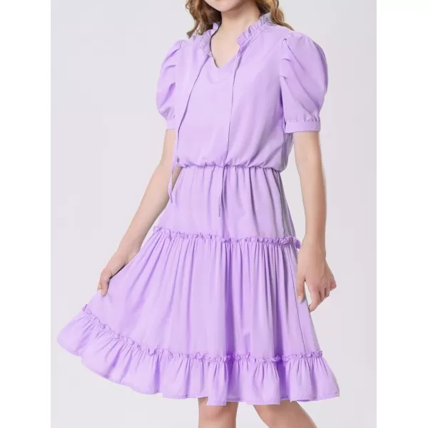 Mebius Girls Puff Short Sleeve Tie Front V Neck Elastic Waist Boho ALine Dress Tiered Dresses for Casual School Preppy 612YPurple