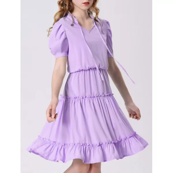 Mebius Girls Puff Short Sleeve Tie Front V Neck Elastic Waist Boho ALine Dress Tiered Dresses for Casual School Preppy 612YPurple