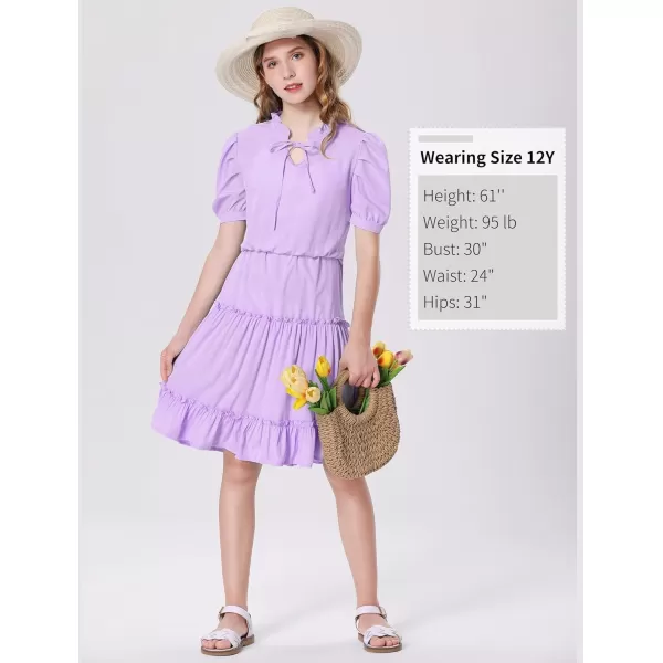 Mebius Girls Puff Short Sleeve Tie Front V Neck Elastic Waist Boho ALine Dress Tiered Dresses for Casual School Preppy 612YPurple