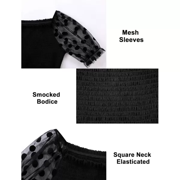 Mebius Girls Puff Sleeve Party Dress Polka Dots Mesh Square Neck Smocked Flowy A Line Ruffle Black Dresses for CasualBlack Dot Pattern As