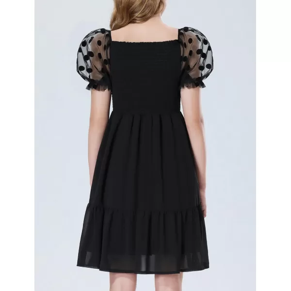 Mebius Girls Puff Sleeve Party Dress Polka Dots Mesh Square Neck Smocked Flowy A Line Ruffle Black Dresses for CasualBlack Dot Pattern As