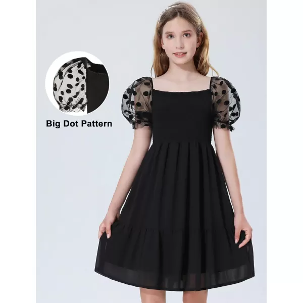 Mebius Girls Puff Sleeve Party Dress Polka Dots Mesh Square Neck Smocked Flowy A Line Ruffle Black Dresses for CasualBlack Dot Pattern As