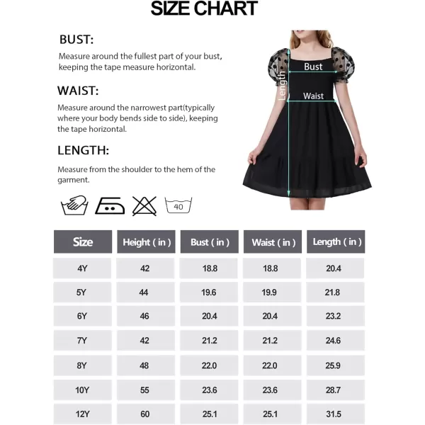 Mebius Girls Puff Sleeve Party Dress Polka Dots Mesh Square Neck Smocked Flowy A Line Ruffle Black Dresses for CasualBlack Dot Pattern As