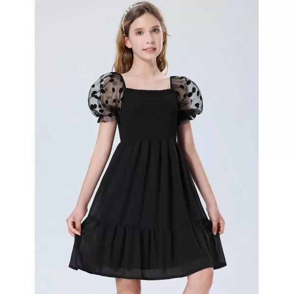 Mebius Girls Puff Sleeve Party Dress Polka Dots Mesh Square Neck Smocked Flowy A Line Ruffle Black Dresses for CasualBlack Dot Pattern As