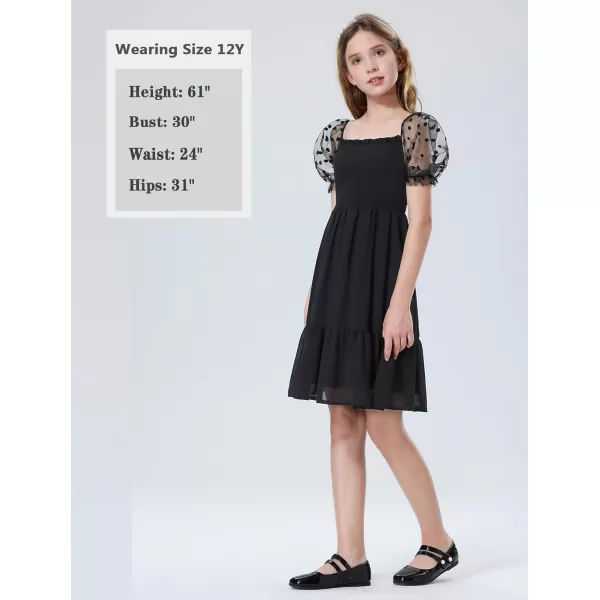 Mebius Girls Puff Sleeve Party Dress Polka Dots Mesh Square Neck Smocked Flowy A Line Ruffle Black Dresses for CasualBlack Dot Pattern Bs