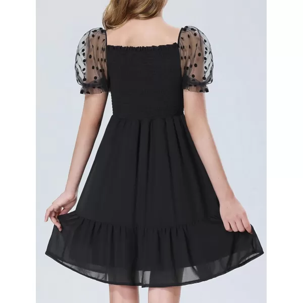 Mebius Girls Puff Sleeve Party Dress Polka Dots Mesh Square Neck Smocked Flowy A Line Ruffle Black Dresses for CasualBlack Dot Pattern Bs