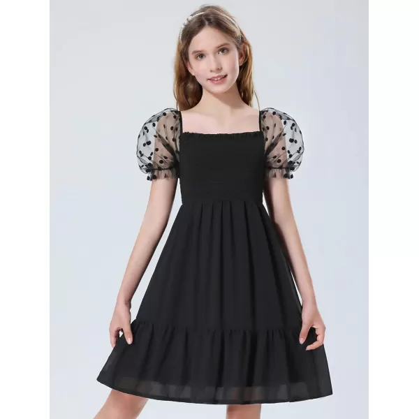 Mebius Girls Puff Sleeve Party Dress Polka Dots Mesh Square Neck Smocked Flowy A Line Ruffle Black Dresses for CasualBlack Dot Pattern Bs