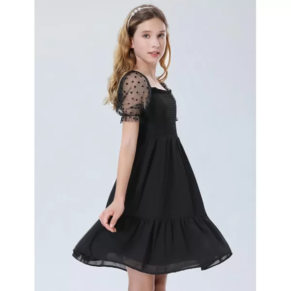 Mebius Girls Puff Sleeve Party Dress Polka Dots Mesh Square Neck Smocked Flowy A Line Ruffle Black Dresses for CasualBlack Hearts