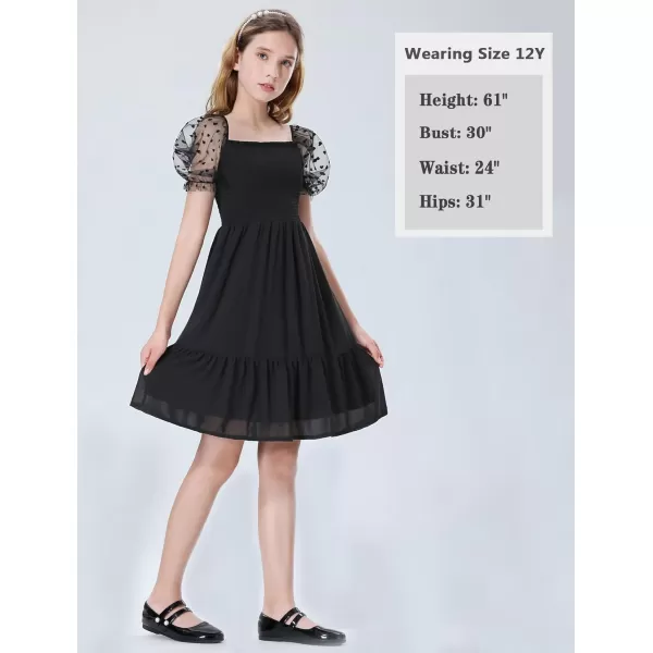 Mebius Girls Puff Sleeve Party Dress Polka Dots Mesh Square Neck Smocked Flowy A Line Ruffle Black Dresses for CasualBlack Hearts