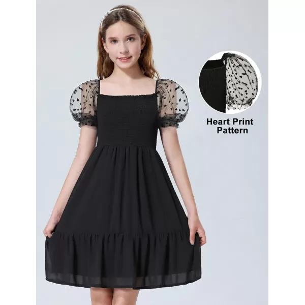 Mebius Girls Puff Sleeve Party Dress Polka Dots Mesh Square Neck Smocked Flowy A Line Ruffle Black Dresses for CasualBlack Hearts