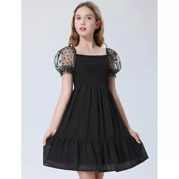 Mebius Girls Puff Sleeve Party Dress Polka Dots Mesh Square Neck Smocked Flowy A Line Ruffle Black Dresses for CasualBlack Hearts