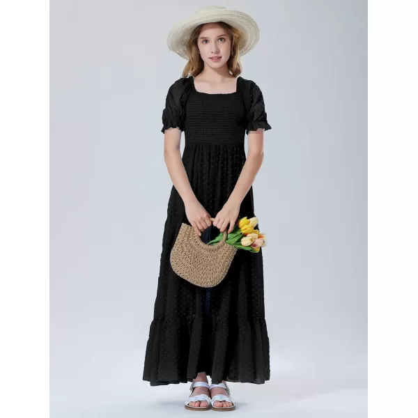 Mebius Girls Square Neck Short Sleeve Long Maxi Dress Smocked Summer Casual Aline Flowy Dress Swiss Dots for 612 YearsBlack