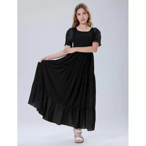 Mebius Girls Square Neck Short Sleeve Long Maxi Dress Smocked Summer Casual Aline Flowy Dress Swiss Dots for 612 YearsBlack