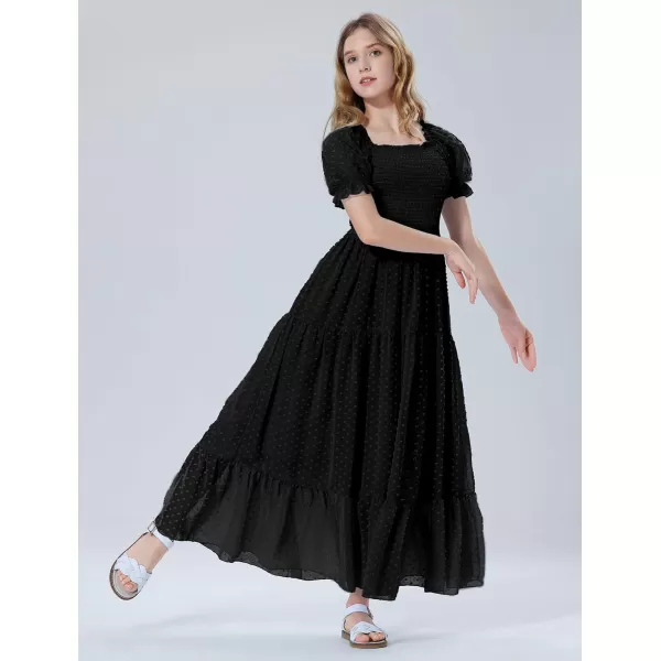 Mebius Girls Square Neck Short Sleeve Long Maxi Dress Smocked Summer Casual Aline Flowy Dress Swiss Dots for 612 YearsBlack