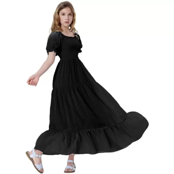Mebius Girls Square Neck Short Sleeve Long Maxi Dress Smocked Summer Casual Aline Flowy Dress Swiss Dots for 612 YearsBlack