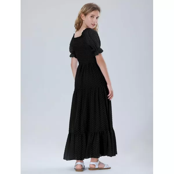 Mebius Girls Square Neck Short Sleeve Long Maxi Dress Smocked Summer Casual Aline Flowy Dress Swiss Dots for 612 YearsBlack