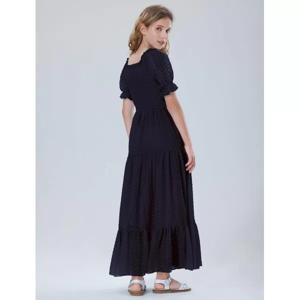 Mebius Girls Square Neck Short Sleeve Long Maxi Dress Smocked Summer Casual Aline Flowy Dress Swiss Dots for 612 YearsDark Blue