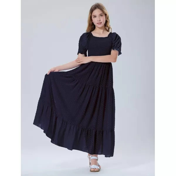 Mebius Girls Square Neck Short Sleeve Long Maxi Dress Smocked Summer Casual Aline Flowy Dress Swiss Dots for 612 YearsDark Blue