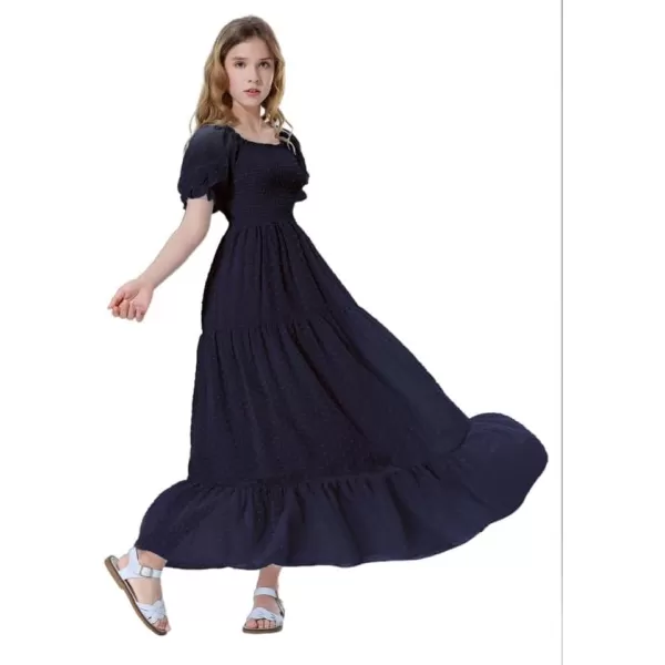 Mebius Girls Square Neck Short Sleeve Long Maxi Dress Smocked Summer Casual Aline Flowy Dress Swiss Dots for 612 YearsDark Blue