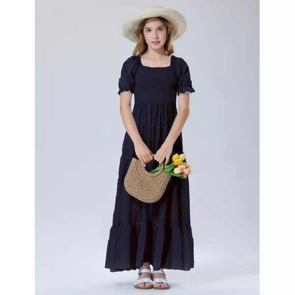Mebius Girls Square Neck Short Sleeve Long Maxi Dress Smocked Summer Casual Aline Flowy Dress Swiss Dots for 612 YearsDark Blue