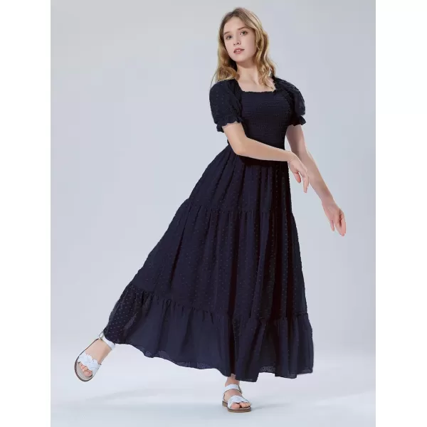 Mebius Girls Square Neck Short Sleeve Long Maxi Dress Smocked Summer Casual Aline Flowy Dress Swiss Dots for 612 YearsDark Blue