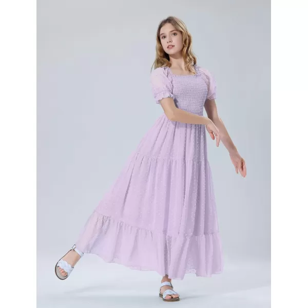 Mebius Girls Square Neck Short Sleeve Long Maxi Dress Smocked Summer Casual Aline Flowy Dress Swiss Dots for 612 YearsLavender