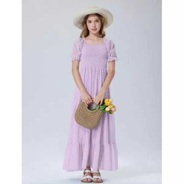 Mebius Girls Square Neck Short Sleeve Long Maxi Dress Smocked Summer Casual Aline Flowy Dress Swiss Dots for 612 YearsLavender
