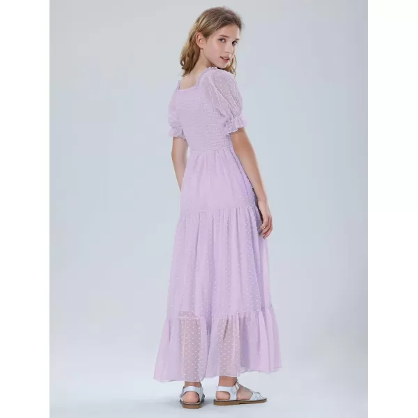 Mebius Girls Square Neck Short Sleeve Long Maxi Dress Smocked Summer Casual Aline Flowy Dress Swiss Dots for 612 YearsLavender