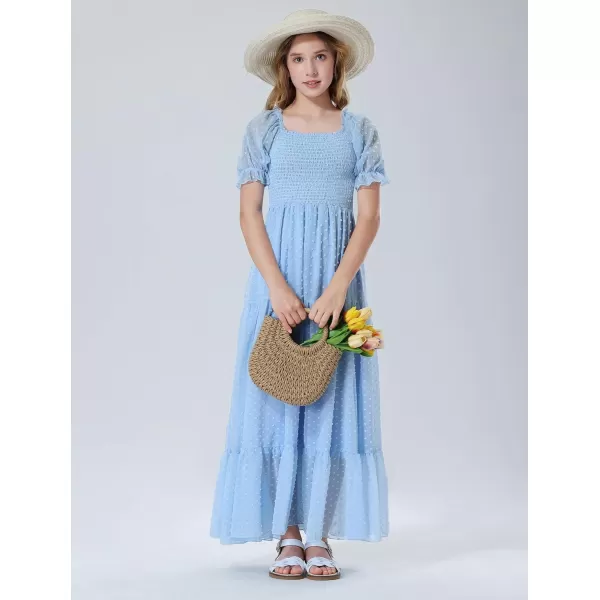 Mebius Girls Square Neck Short Sleeve Long Maxi Dress Smocked Summer Casual Aline Flowy Dress Swiss Dots for 612 YearsLight Blue