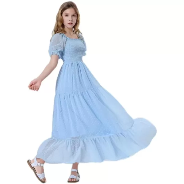 Mebius Girls Square Neck Short Sleeve Long Maxi Dress Smocked Summer Casual Aline Flowy Dress Swiss Dots for 612 YearsLight Blue