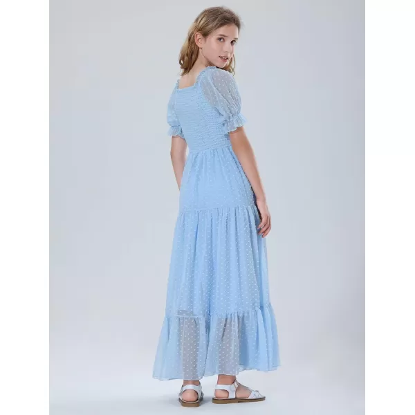 Mebius Girls Square Neck Short Sleeve Long Maxi Dress Smocked Summer Casual Aline Flowy Dress Swiss Dots for 612 YearsLight Blue