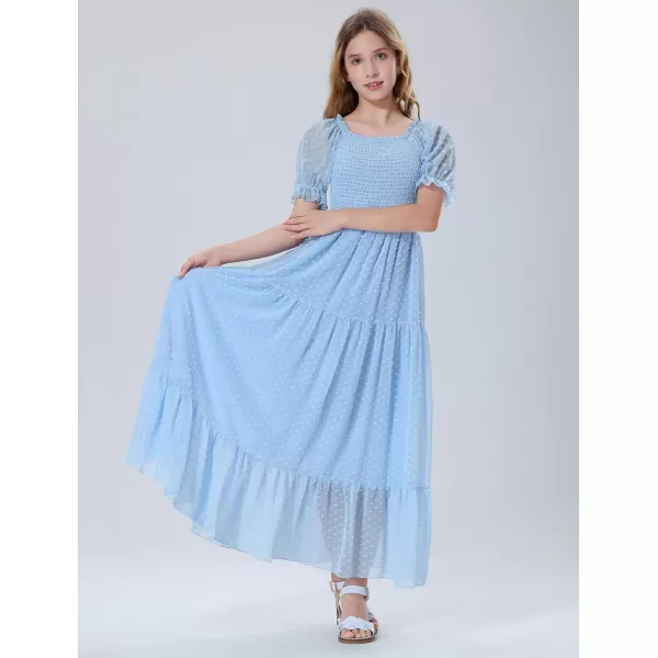 Mebius Girls Square Neck Short Sleeve Long Maxi Dress Smocked Summer Casual Aline Flowy Dress Swiss Dots for 612 YearsLight Blue
