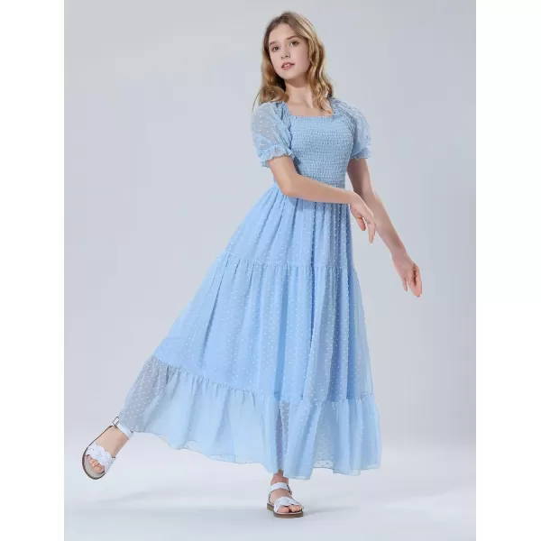 Mebius Girls Square Neck Short Sleeve Long Maxi Dress Smocked Summer Casual Aline Flowy Dress Swiss Dots for 612 YearsLight Blue
