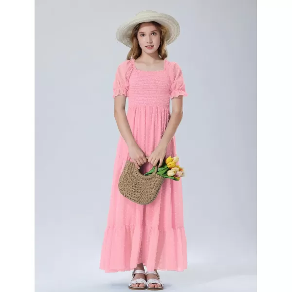 Mebius Girls Square Neck Short Sleeve Long Maxi Dress Smocked Summer Casual Aline Flowy Dress Swiss Dots for 612 YearsLight Pink