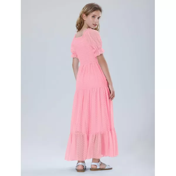 Mebius Girls Square Neck Short Sleeve Long Maxi Dress Smocked Summer Casual Aline Flowy Dress Swiss Dots for 612 YearsLight Pink
