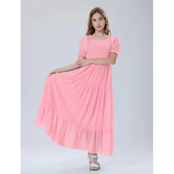 Mebius Girls Square Neck Short Sleeve Long Maxi Dress Smocked Summer Casual Aline Flowy Dress Swiss Dots for 612 YearsLight Pink