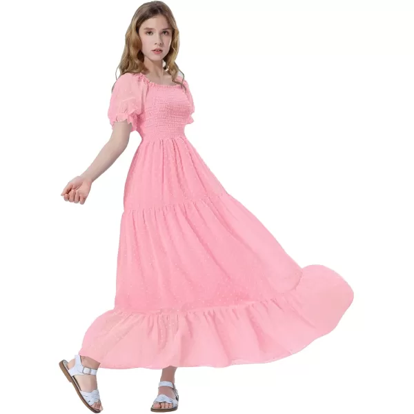 Mebius Girls Square Neck Short Sleeve Long Maxi Dress Smocked Summer Casual Aline Flowy Dress Swiss Dots for 612 YearsLight Pink