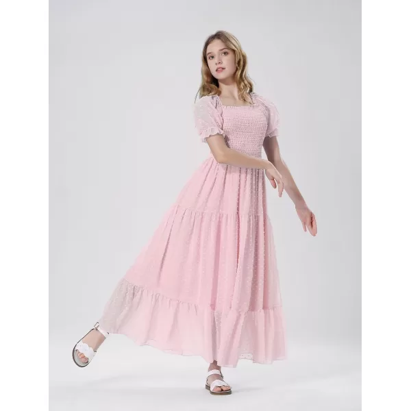 Mebius Girls Square Neck Short Sleeve Long Maxi Dress Smocked Summer Casual Aline Flowy Dress Swiss Dots for 612 YearsPink