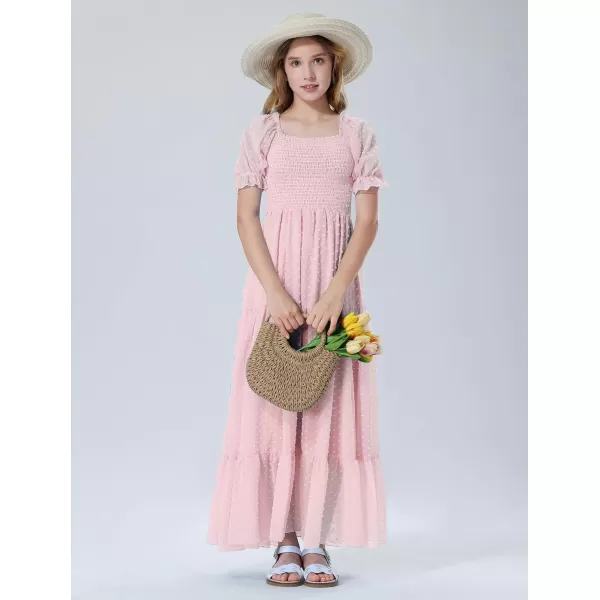Mebius Girls Square Neck Short Sleeve Long Maxi Dress Smocked Summer Casual Aline Flowy Dress Swiss Dots for 612 YearsPink