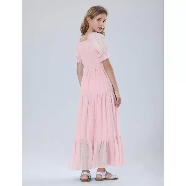 Mebius Girls Square Neck Short Sleeve Long Maxi Dress Smocked Summer Casual Aline Flowy Dress Swiss Dots for 612 YearsPink
