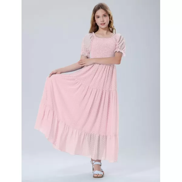 Mebius Girls Square Neck Short Sleeve Long Maxi Dress Smocked Summer Casual Aline Flowy Dress Swiss Dots for 612 YearsPink