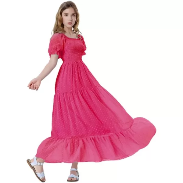 Mebius Girls Square Neck Short Sleeve Long Maxi Dress Smocked Summer Casual Aline Flowy Dress Swiss Dots for 612 YearsRose Red