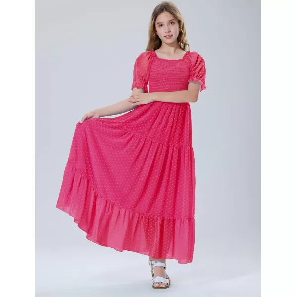 Mebius Girls Square Neck Short Sleeve Long Maxi Dress Smocked Summer Casual Aline Flowy Dress Swiss Dots for 612 YearsRose Red