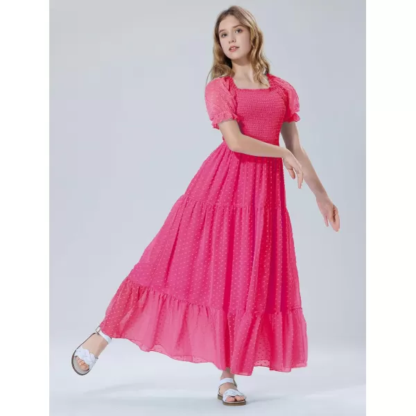 Mebius Girls Square Neck Short Sleeve Long Maxi Dress Smocked Summer Casual Aline Flowy Dress Swiss Dots for 612 YearsRose Red
