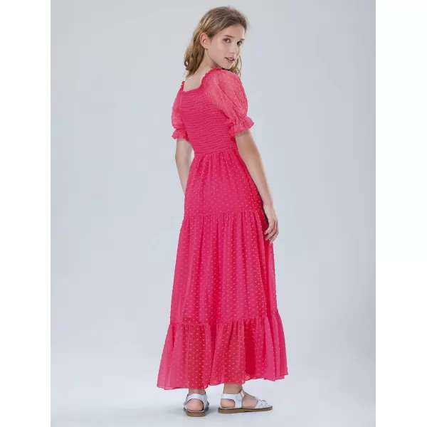 Mebius Girls Square Neck Short Sleeve Long Maxi Dress Smocked Summer Casual Aline Flowy Dress Swiss Dots for 612 YearsRose Red