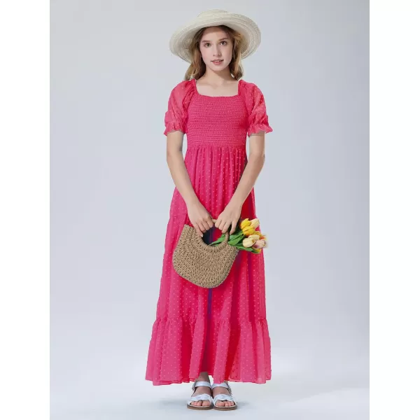 Mebius Girls Square Neck Short Sleeve Long Maxi Dress Smocked Summer Casual Aline Flowy Dress Swiss Dots for 612 YearsRose Red