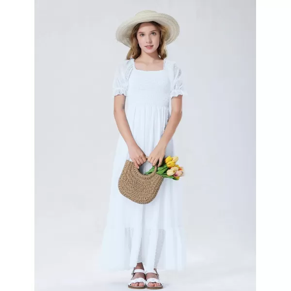 Mebius Girls Square Neck Short Sleeve Long Maxi Dress Smocked Summer Casual Aline Flowy Dress Swiss Dots for 612 YearsWhite